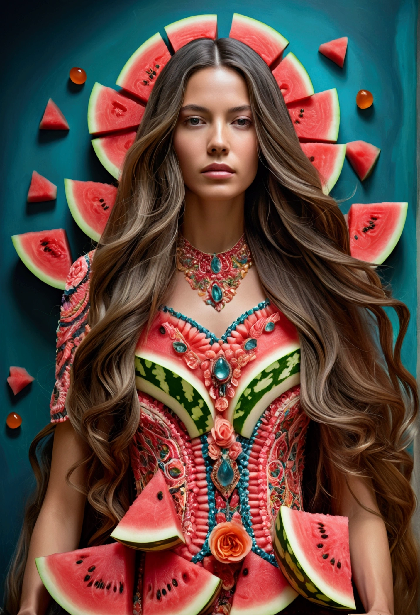 surreal, fantasy portrait of a woman with long, flowing hair made of watermelon slices, floral textures and intricate details, bright and vibrant colors, hyper-realistic style, with gemstones and intricate patterns woven into her dress."