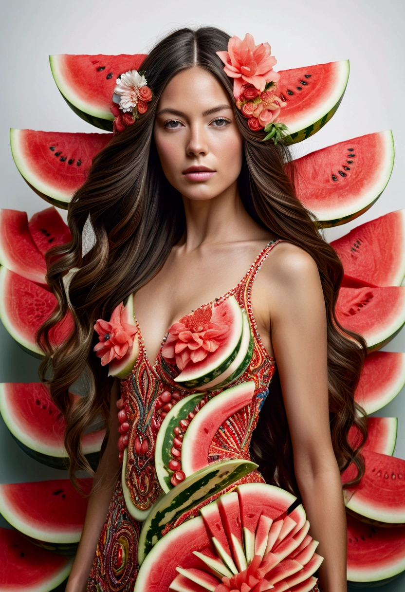 surreal, fantasy portrait of a woman with long, flowing hair made of watermelon slices, floral textures and intricate details, bright and vibrant colors, hyper-realistic style, with gemstones and intricate patterns woven into her dress."