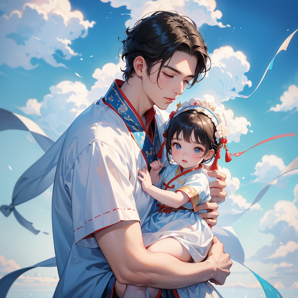 A one-year-old baby boy in an ancient Chinese baby costume with his beautiful mother, dressed in an white ancient Chinese costume, There are some floating clouds, playing with each other, with his handsome father standing next to his mother, close up.
Background is a blue sky, with low floating blue clouds all over the area.
