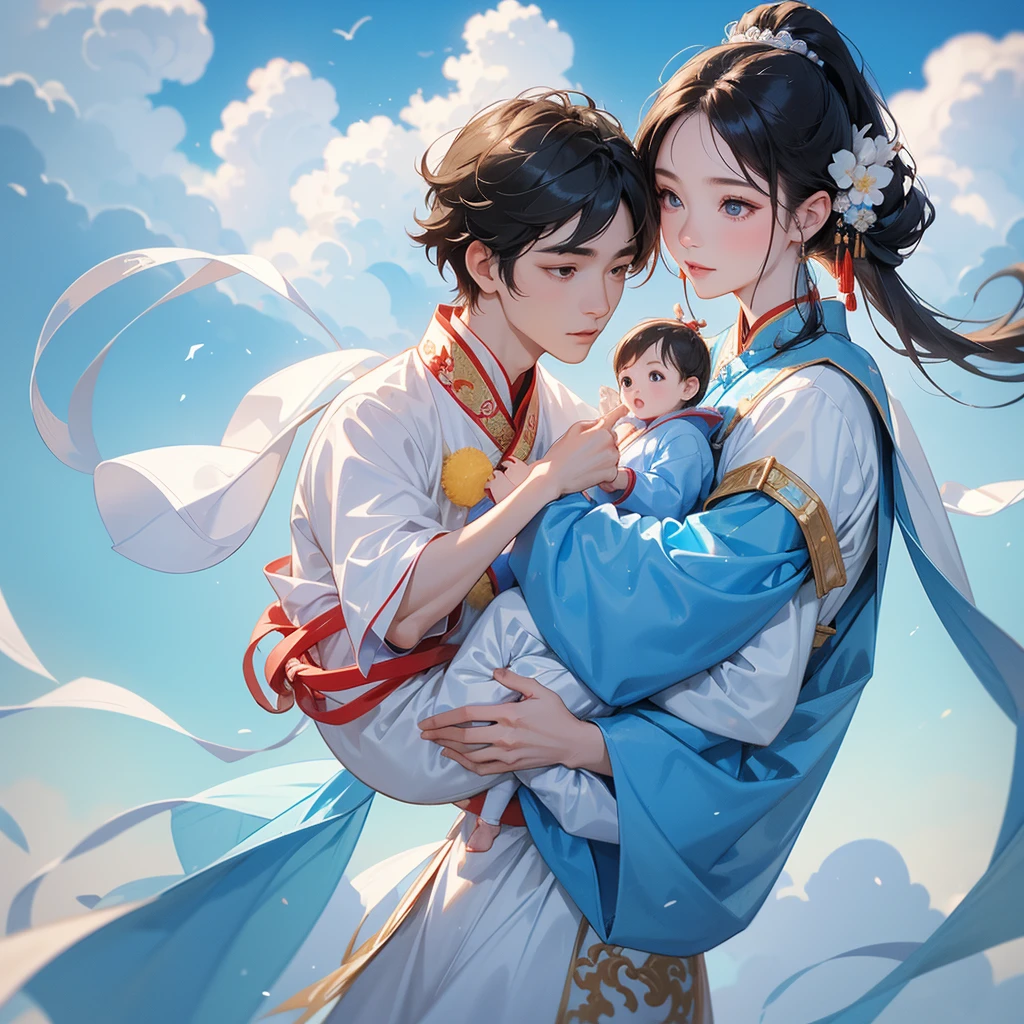 A one-year-old baby boy in an ancient Chinese baby costume with his beautiful mother, dressed in an white ancient Chinese costume, There are some floating clouds, playing with each other, with his handsome father standing next to his mother, close up.
Background is a blue sky, with low floating blue clouds all over the area.