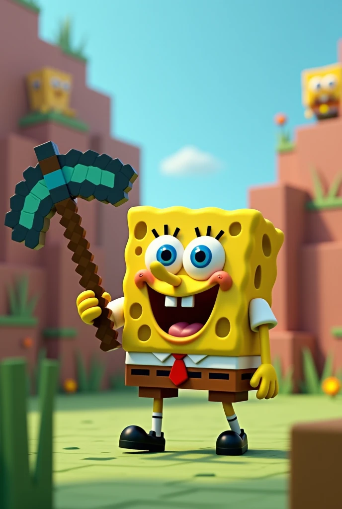 SpongeBob carrying a Minecraft pickaxe and fill animated blocks and hills in the background and don't blue the background too much