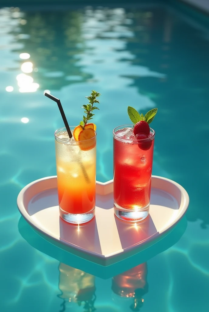 Two beautiful cocktails in heart shaped tray in swimming pool