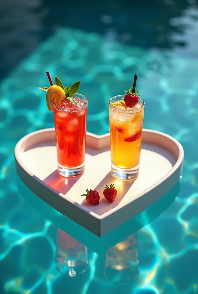 Two beautiful cocktails in heart shaped tray in swimming pool