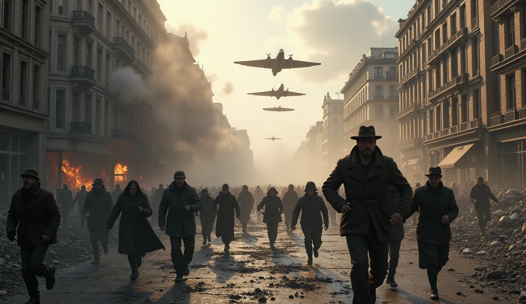 1945; (masterpiece, best quality) destroyed city (Paris) people running through the streets, in the background; war planes flying over the city, dropping bombs.