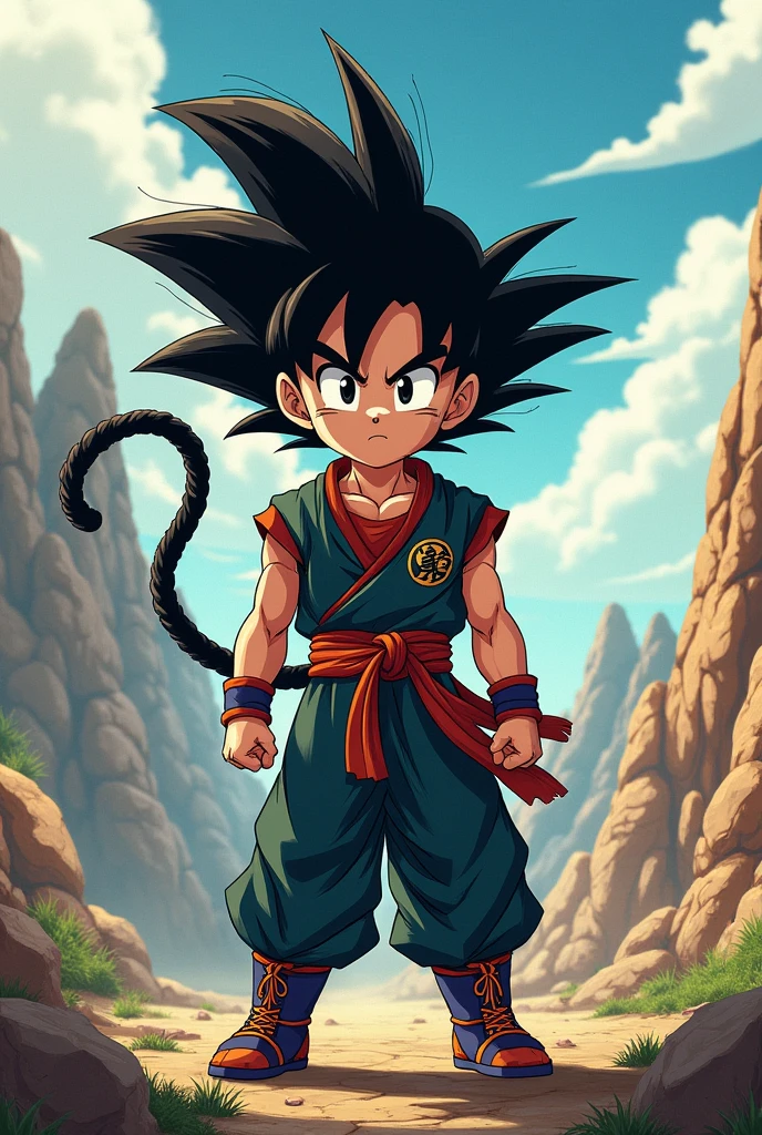 boy,,big messy black hair,monkey tail,Saiyan fighting uniform 