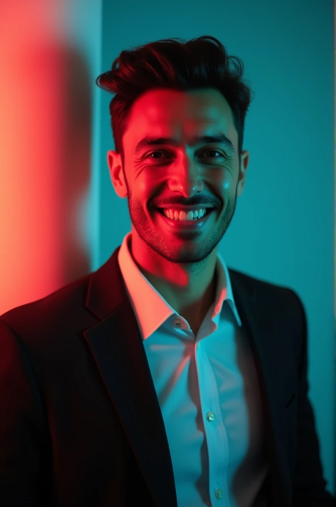 A young man with dark hair and a confident smile. He is dressed in a black blazer over a white shirt. The man is positioned against aqua colour backdrop with a subtle red lighting on the left side. and he posing for Linkedin profile