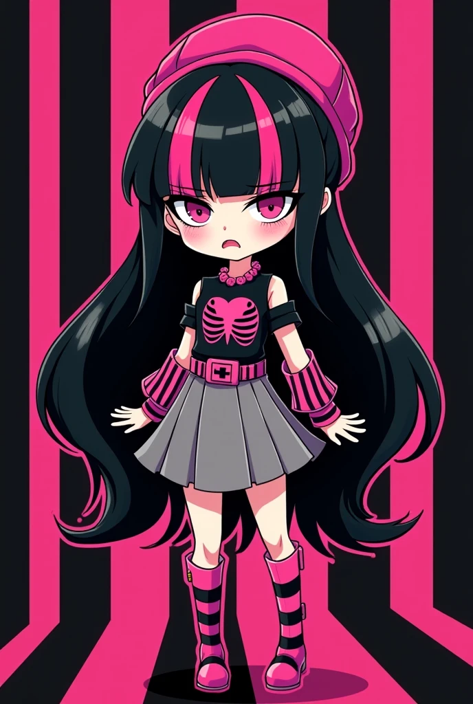 You can create an image of a chibby scene character who wears black hair spread out to her hips and wears hot pink bangs that cover her eyes with black stripes on the bangs, Her skin is normal and she wears hot pink knee-high boots with a dove skirt., a hot pink belt with black and hot pink squares, a shirt with sleeves cut from the shoulders to the hands and a black shirt with a picture of ribs and a bright pink heart, She wears a Russian ushanka and her expression is frightened and a black background with hot pink stripes