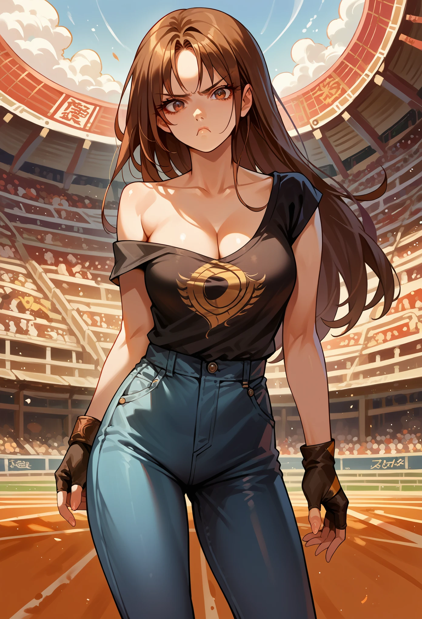 score_9, score_8_up, score_7_up, source_anime, 1girl, solo, (female:1.5), female focus, kyo_nest, brown hair, long hair, brown eyes,   black shirt, blue pants, tight pants, chain, cleavage, off shoulder, sleeveless, fingerless gloves, standing, pout, looking at you, coliseum