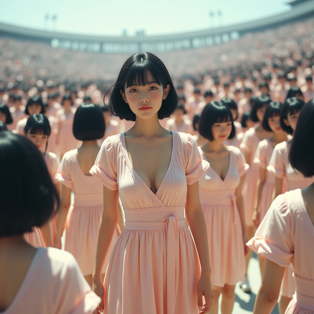 (((((Japanese Clone girls=Myself)))))), (((Best Super High quality Myself Clone girls Raw Photography Art))), (16K, Highest quality, Ultra-high resolution, RAW Photos), (((It's so unrealistic., With unparalleled depiction, With an unfathomable sight, An unprecedented and shocking worldview, Clone girls in a world of mass reproduction, Ultra-realistic))), (((Japanese, woman, 20yo, Saito-Asuka))), (Small face, ((Thick black hair, Semi-long hair))), ((V-neck short-sleeve dress)), (((((Very detailed美しい女体, Accurate body structure, Very detailed完璧な, Super busty body with very large breasts, Clearly emphasizes cleavage))))), (((Dark Eyes, Mature face, Cute Smile, A gentle gaze))), (((Her happy and smiling expression is so cute))), ((((((((Very detailed分身増殖描写, ((1girl→Myself cloning→1,000,000,000,000,000,000,000,000,000,000,000,000,000,000,000,000,000,000,000,000Myself Clone girls)))))))))), ((((((((Very detailed, The precise depiction of the proliferation of Myself Clone girls, ((With the perfectly identical bodies of Myself clone girls, With the exact same face as the Myself clone girls, With the exact same hairstyle as the Myself clone girls, In the exact same clothes as the girls who are my clones, Perfectly the same height as the Myself clone girls, Super big breasts, just like the Myself clone girls)))))))))), (((Myself clone girls only))), (((Multiple pairs, Very detailed depiction, (Myself clone girls hug each other, Myself clone girls assemble, Fun conversations with fellow Myself clone girls, A fun conversation between Myself clone girls, Myself clone girls holding hands, Walking with lots of Myself clone girls)))), (((Everyone looks at the camera))), (((Unbelievably crowded, Transcendent Myself clone girls intimately, Countless Myself clone girls surround you in 360 degrees))), (Bright, soft sunlight), (((Very wide field of view, Very detailed, Detailed ultra-perspective depiction with clear depth, super wide top view))), (((((Where there is a curved slope))))), (((Very photographic and detailed depiction, Myself clone girls will multiply infinitely and fill the surroundings from one side to the horizon with their bodies tightly packed together without any gaps., A scene of endless Myself clone girls and a fun atmosphere))), (Focus on the average value of the image)