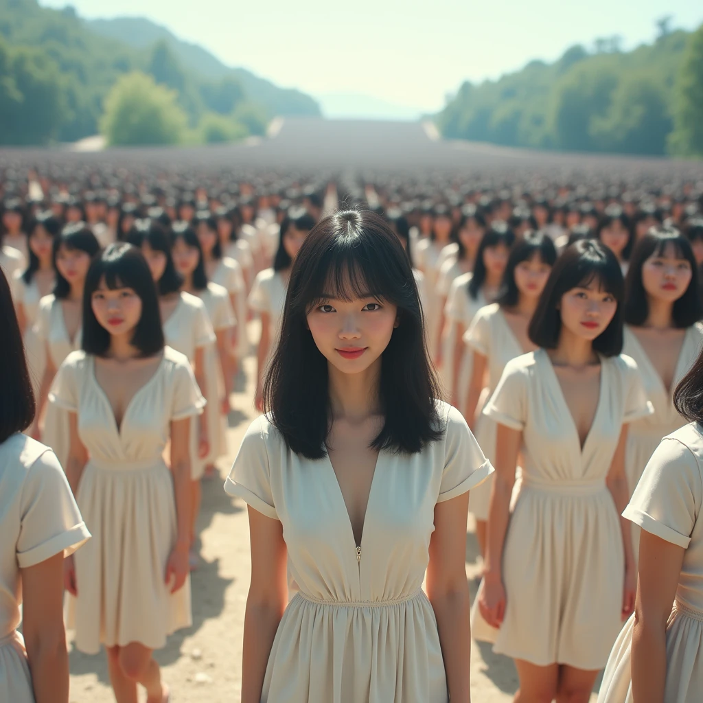 (((((Japanese Clone girls=Myself)))))), (((Best Super High quality Myself Clone girls Raw Photography Art))), (16K, Highest quality, Ultra-high resolution, RAW Photos), (((It's so unrealistic., With unparalleled depiction, With an unfathomable sight, An unprecedented and shocking worldview, Clone girls in a world of mass reproduction, Ultra-realistic))), (((Japanese, woman, 20yo, Saito-Asuka))), (Small face, ((Thick black hair, Semi-long hair))), ((V-neck short-sleeve dress)), (((((Very detailed美しい女体, Accurate body structure, Very detailed完璧な, Super busty body with very large breasts, Clearly emphasizes cleavage))))), (((Dark Eyes, Mature face, Cute Smile, A gentle gaze))), (((Her happy and smiling expression is so cute))), ((((((((Very detailed分身増殖描写, ((1girl→Myself cloning→1,000,000,000,000,000,000,000,000,000,000,000,000,000,000,000,000,000,000,000,000Myself Clone girls)))))))))), ((((((((Very detailed, The precise depiction of the proliferation of Myself Clone girls, ((With the perfectly identical bodies of Myself clone girls, With the exact same face as the Myself clone girls, With the exact same hairstyle as the Myself clone girls, In the exact same clothes as the girls who are my clones, Perfectly the same height as the Myself clone girls, Super big breasts, just like the Myself clone girls)))))))))), (((Myself clone girls only))), (((Multiple pairs, Very detailed depiction, (Myself clone girls hug each other, Myself clone girls assemble, Fun conversations with fellow Myself clone girls, A fun conversation between Myself clone girls, Myself clone girls holding hands, Walking with lots of Myself clone girls)))), (((Everyone looks at the camera))), (((Unbelievably crowded, Transcendent Myself clone girls intimately, Countless Myself clone girls surround you in 360 degrees))), (Bright, soft sunlight), (((Very wide field of view, Very detailed, Detailed ultra-perspective depiction with clear depth, super wide top view))), (((((Where there is a curved slope))))), (((Very photographic and detailed depiction, Myself clone girls will multiply infinitely and fill the surroundings from one side to the horizon with their bodies tightly packed together without any gaps., A scene of endless Myself clone girls and a fun atmosphere))), (Focus on the average value of the image)