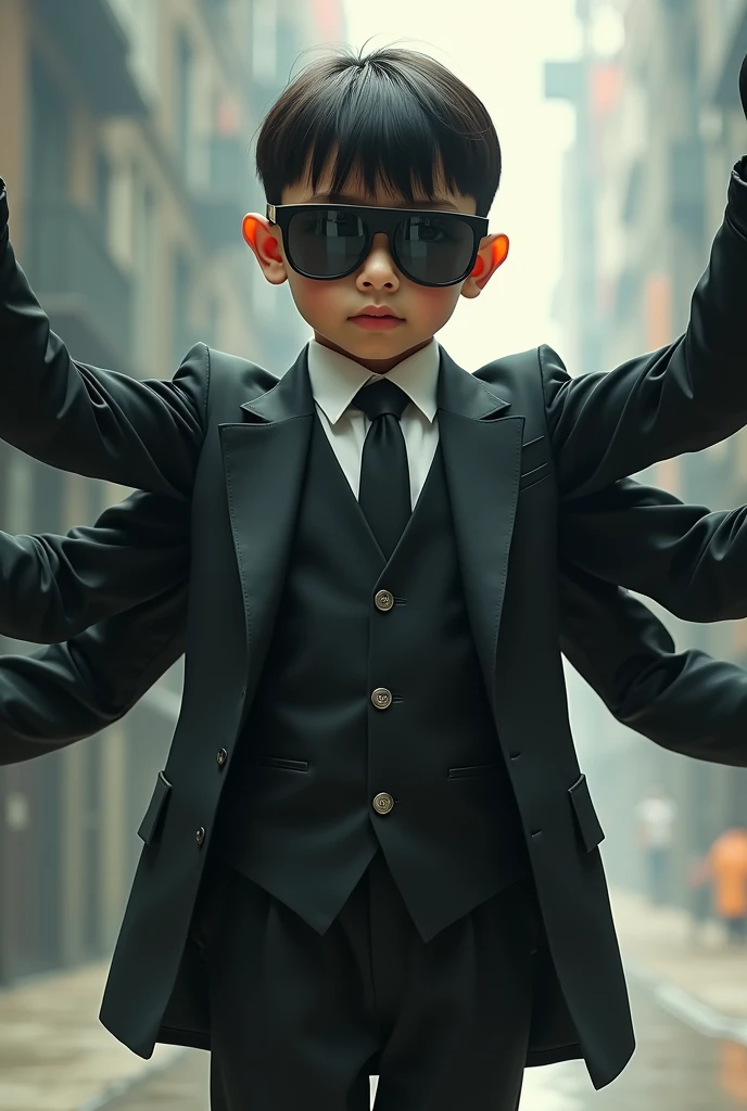 A boy with six black arms, wearing sunglasses and a suit 