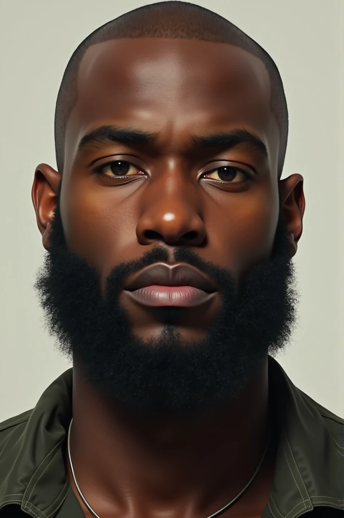 A young black man with a round face, a full but neat beard, potato nose dark skin shaved hair
