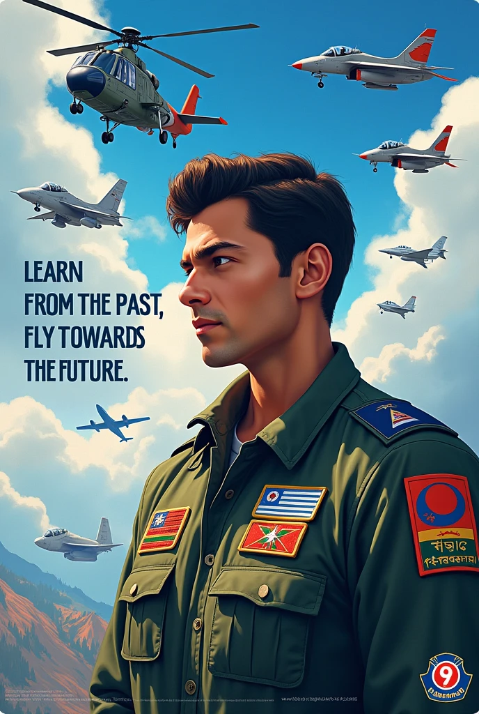 Make a poster of flight safety regarding LEARN FROM THE PAST, FLY TOWARDS THE FUTURE with the slogan in it for Bangladesh air force. Change the patches of the pilot, give a helicopter instead. Use 9 Squadron BAF patch with the pilot. Use a male character similar to my face. Dont keep any human in the poster. Keep only aircrafts. Keep the slogan learn from the past, fly towards the future
