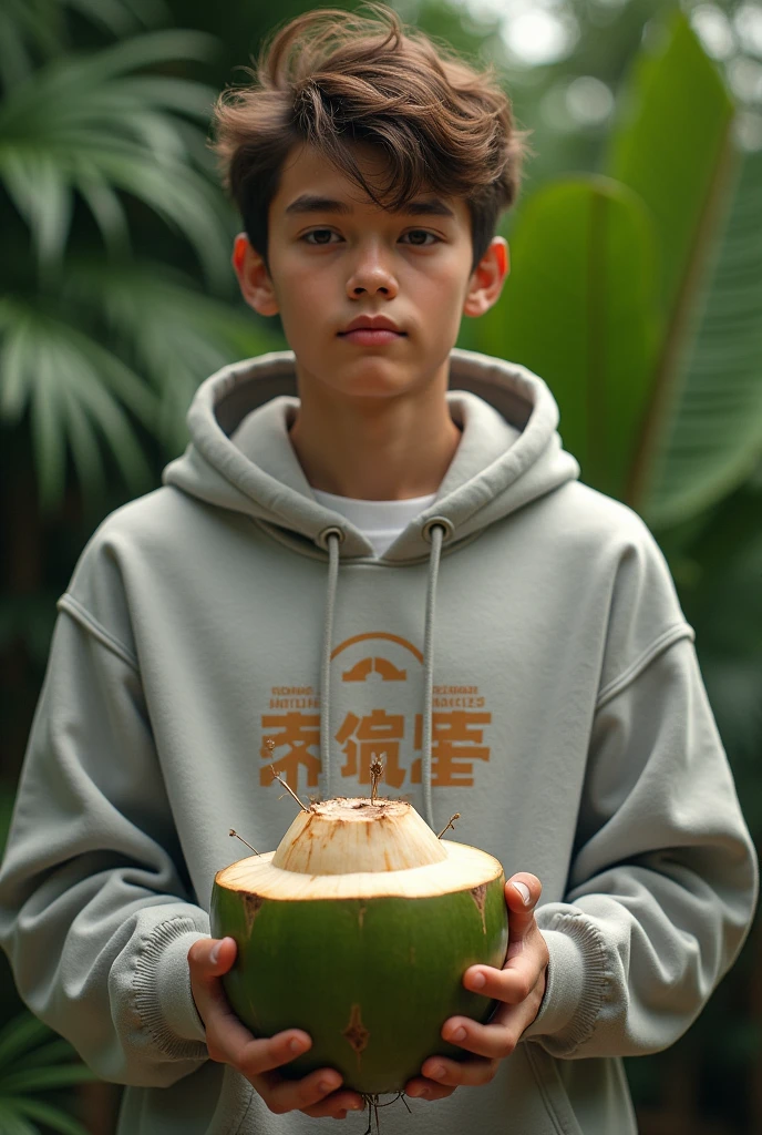 A young man wearing CBZ 7190 hoody holding a coconut 