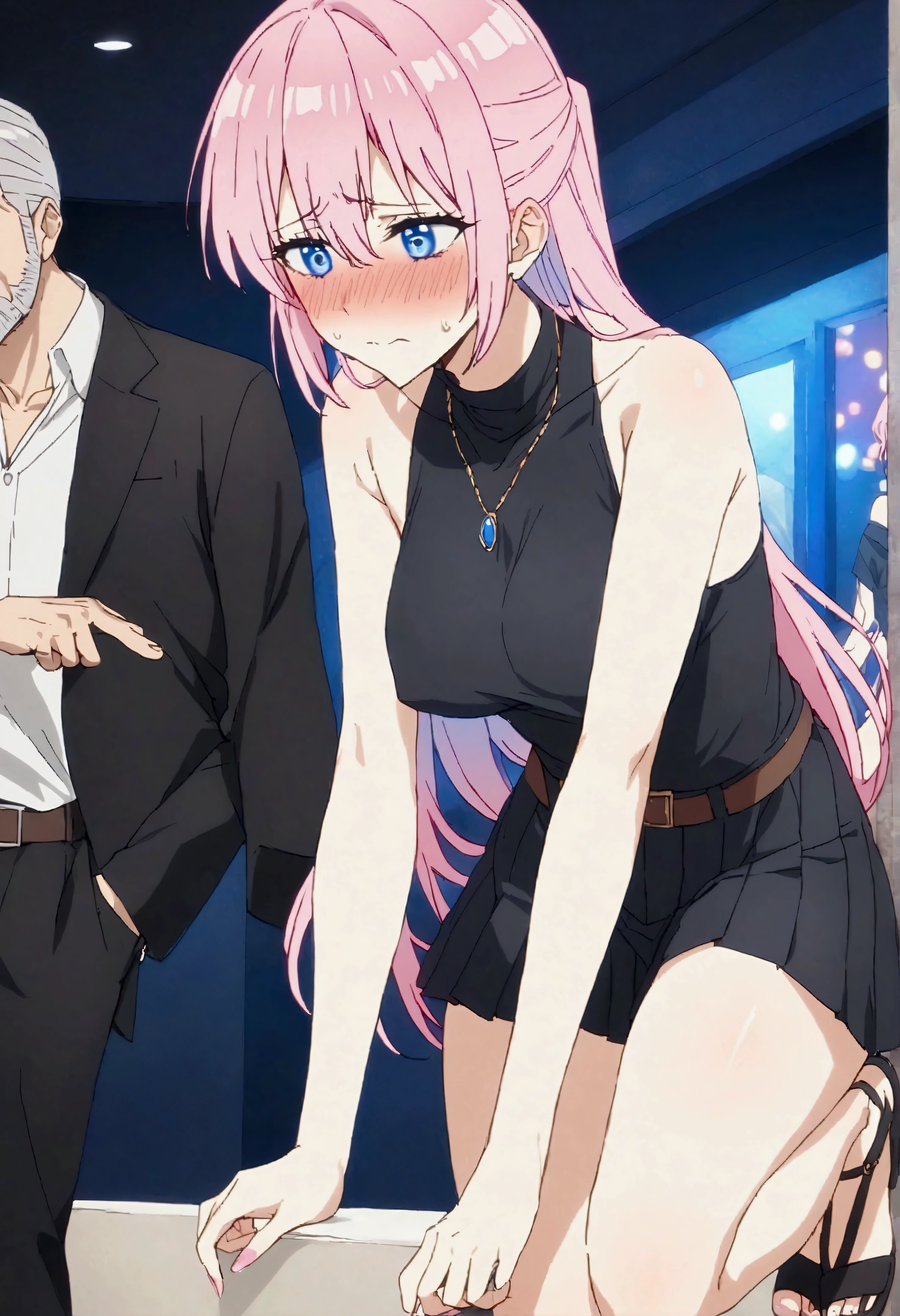 NSFW,masterpiece,Highest quality,High resolution,Very detailed,Shikimori-san\(可愛いだけじゃないShikimori-san\),Pink Hair、Long Hair、blue eyes、Hair between the eyes、bangs,Embarrassed,blush,Turtleneck knit top,Sleeveless,Pleated skirt,belt,necklace,Heeled Sandals,Nightlife,Hotel district,Picking Up Girls,(Bad looking middle-aged man)