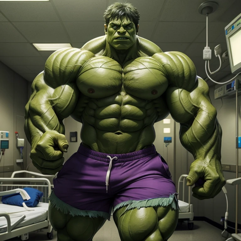 Hulk 2, a very handsome Hulk, very muscular, Shirtless, purple shorts, green skin, destroying a hospital