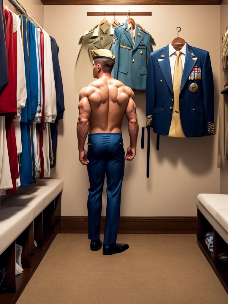 A handsome blond man, , wearing only swimming trunks, looks at a SEAL officer's dress uniform with awards, which hangs on a suit hanger on the floor. A muscular blond SEAL officer, 3, is watching him from behind. dressed only in a thong, handsome and arrogant.