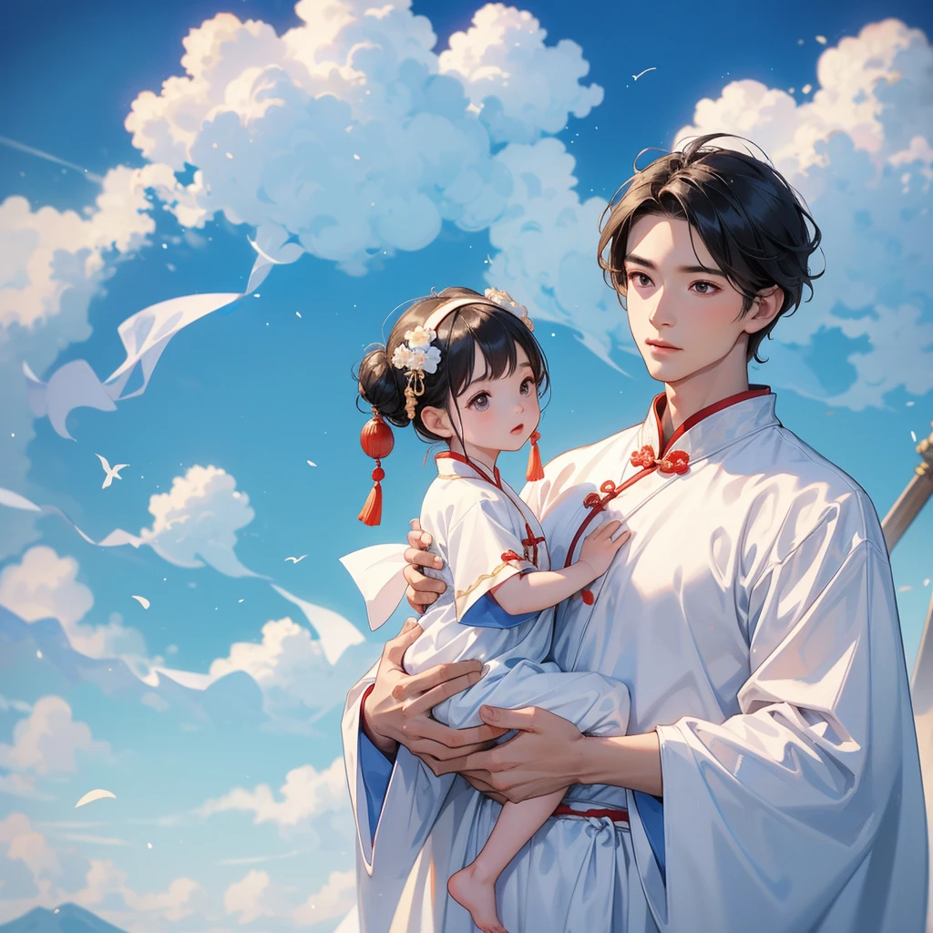 A -yead bab an ancient Chinese baby costume wiis beautiful mother, dressed in an white ancient Chinese costume, There are some floating clouds, playing with each other, with his handsome father standing next to his mother, close up.

Background is a blue sky, with low floating blue clouds all over the area.