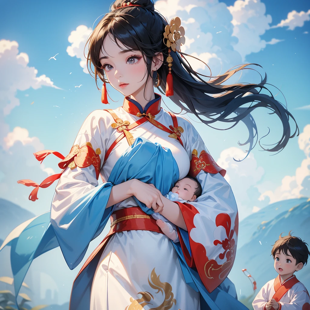A one-year-old baby boy in an ancient Chinese baby costume with his beautiful mother, dressed in an white ancient Chinese costume, There are some floating clouds, playing with each other, with his handsome father standing next to his mother, close up.
Background is a blue sky, with low floating blue clouds all over the area.
