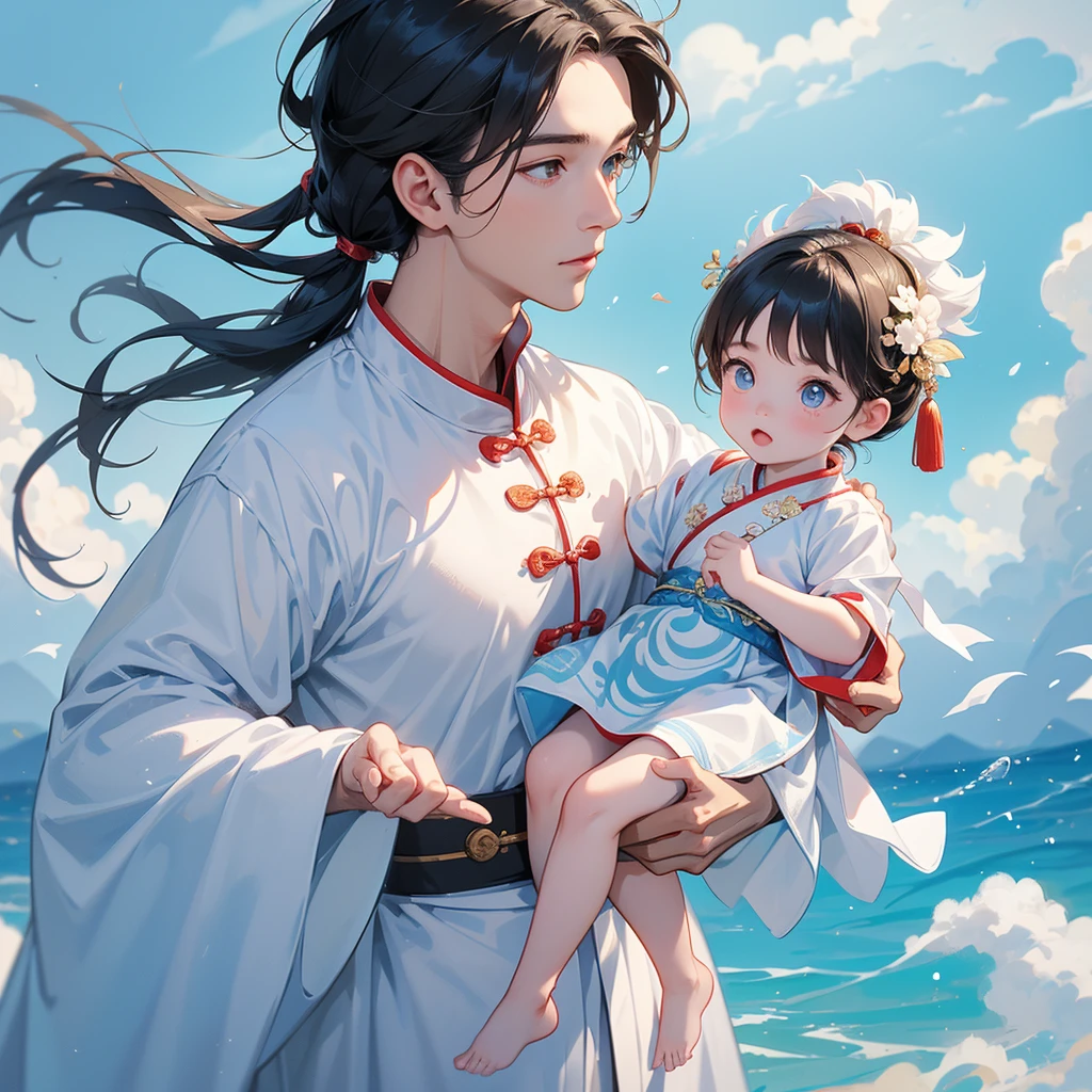 A -yead bab an ancient Chinese baby costume wiis beautiful mother, dressed in an white ancient Chinese costume, There are some floating clouds, playing with each other, with his handsome father standing next to his mother, close up.

Background is a blue sky, with low floating blue clouds all over the area.