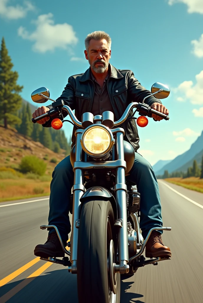 Create a man on a Harley Davidson on the road on a sunny day
