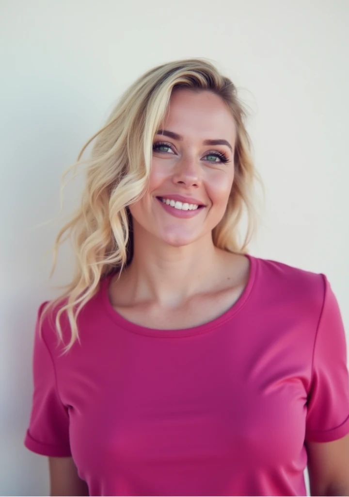 Young woman, model, hd photo, shading, without glass, blonde, curly hair, green eyes, suggestive eyes, confident laugh