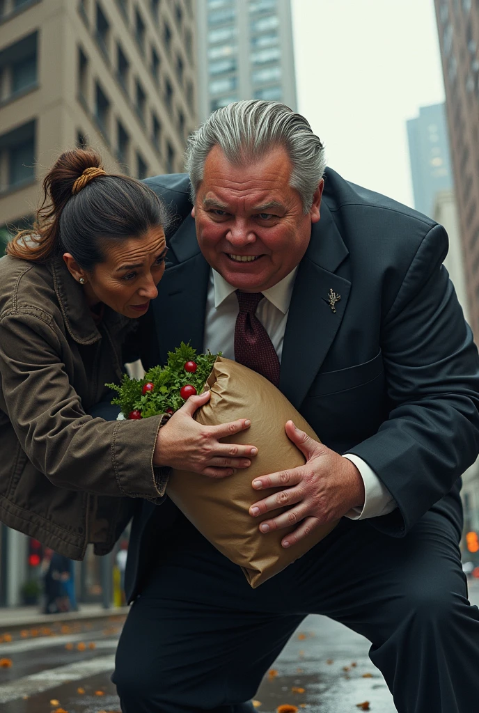 image of Doug Ford mayor of Toronto stealing food from a homeless woman. Toronto in the background. Doug Ford is obese. the homeless woman looks angry and is fighting to get her food back. she is pulling at the bag of groceries that Doug Ford is holding. Doug Ford has light grey-blonde hair that is slicked back and he is wearing a mayor suit. The homeless woman is wearing torn clothes and she looks dirty. The homeless woman is leaning back trying to pull her groceries away from Doug Ford. Doug Ford's hair is thinning and not dark, his hair is blonde but mostly grey. Woman looks more homeless make her wear homeless men's clothes