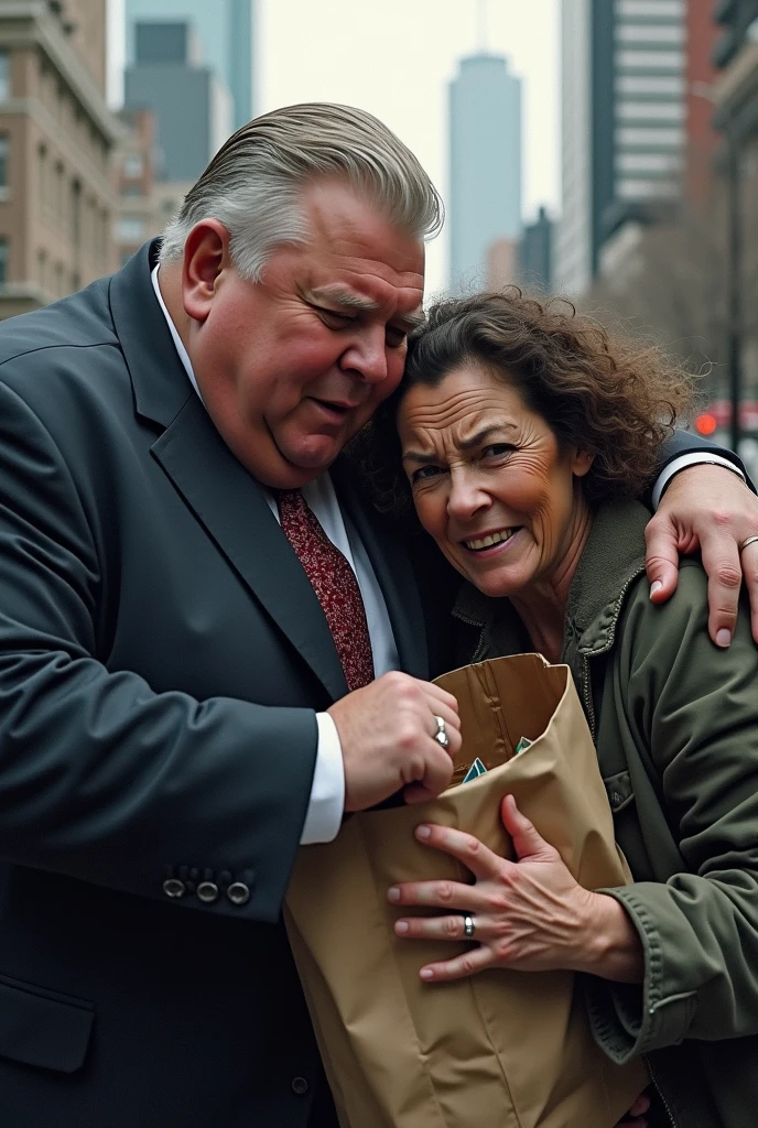 image of Doug Ford mayor of Toronto stealing food from a homeless woman. Toronto in the background. Doug Ford is obese. the homeless woman looks angry and is fighting to get her food back. she is pulling at the bag of groceries that Doug Ford is holding. Doug Ford has light grey-blonde hair that is slicked back and he is wearing a mayor suit. The homeless woman is wearing torn clothes and she looks dirty. The homeless woman is leaning back trying to pull her groceries away from Doug Ford. Doug Ford's hair is thinning and not dark, his hair is blonde but mostly grey. Woman looks more homeless make her wear homeless men's clothes