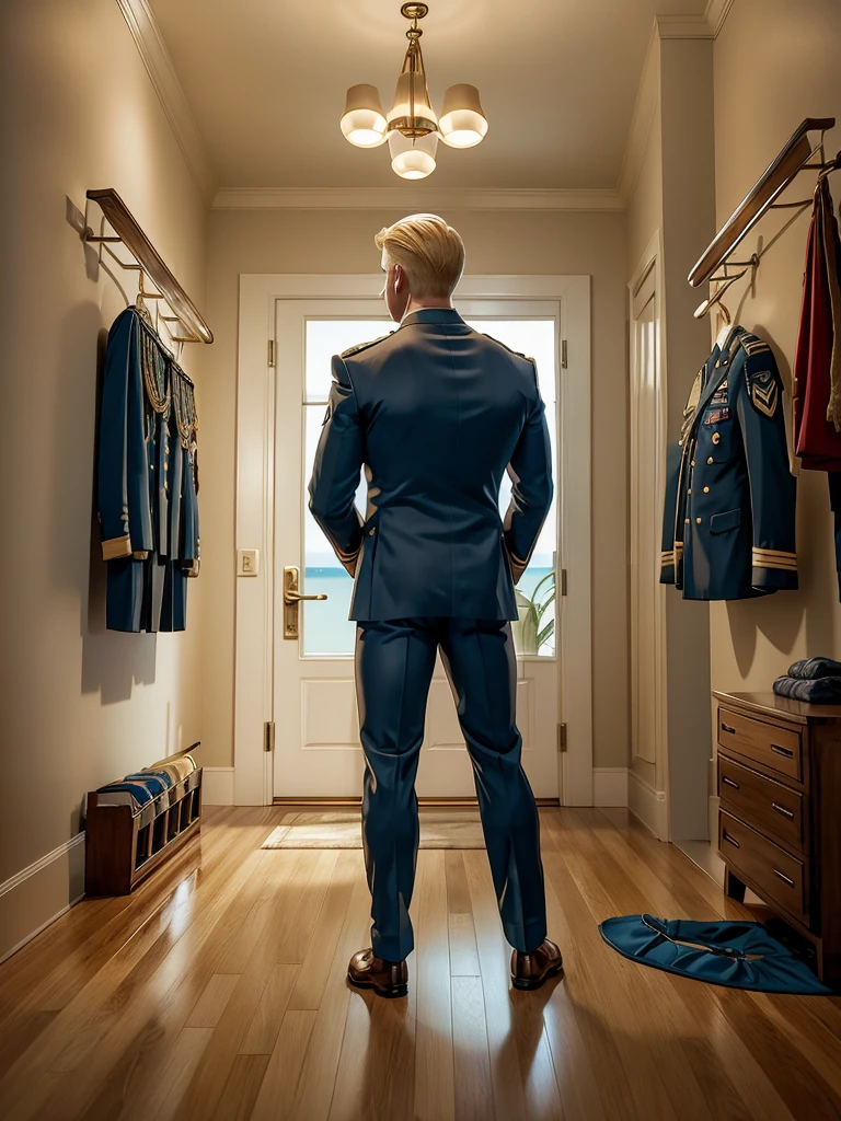 A handsome blond man, , wearing only swimming trunks, looks at a SEAL officer's dress uniform with awards, which hangs on a suit hanger on the floor. A muscular blond SEAL officer, 3, is watching him from behind. dressed only in a thong, handsome and arrogant.