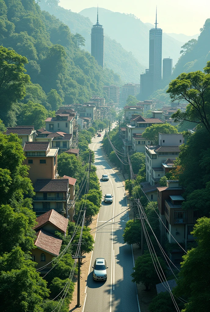 A city in a forest with houses, buildings wire posts, trees and cars.