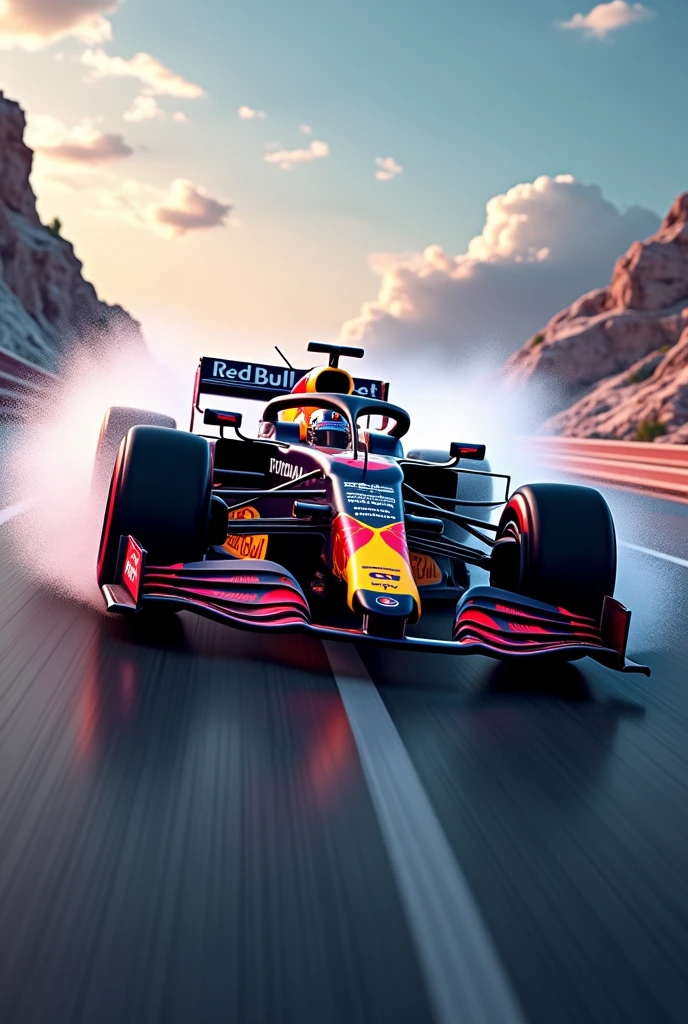 Detailed Background, masterpiece, Highest quality, 8k,uhd,F1 Cars,RB20,Red Bull,(The car number is red１),run through,Max Emilian Verstappen