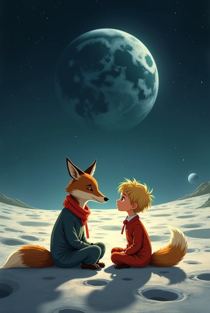 Create an image where the little prince and the fox are sitting on the moon looking into each other&#39;s eyes.