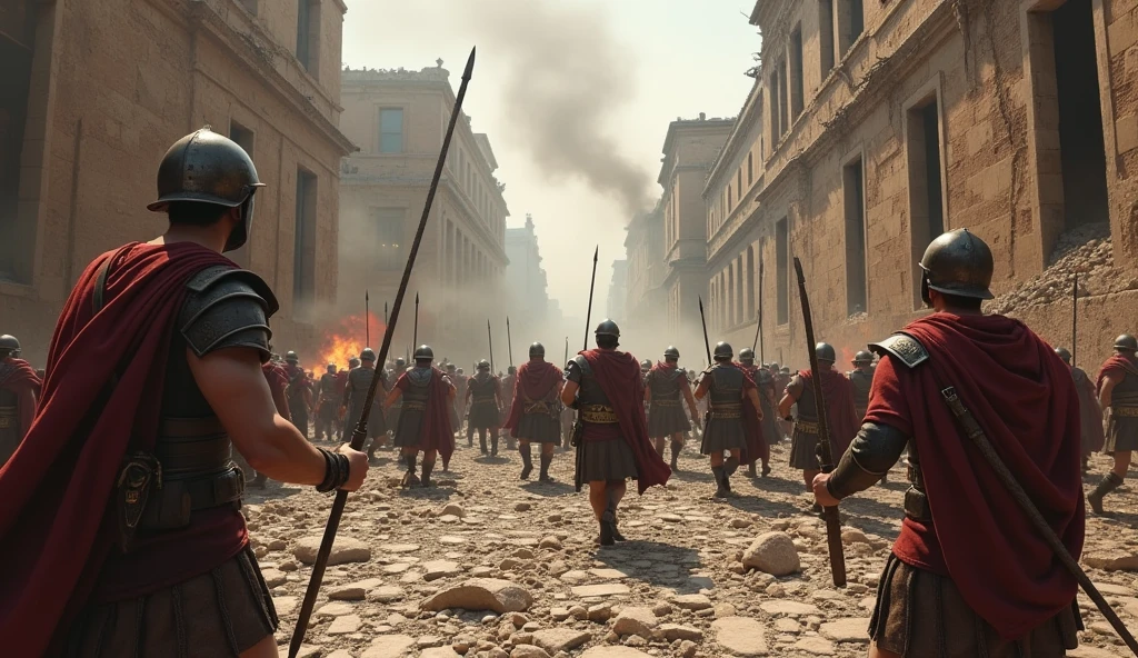 30 a.c; (masterpiece, best quality) destroyed city (Roma); Roman soldiers fighting in the streets