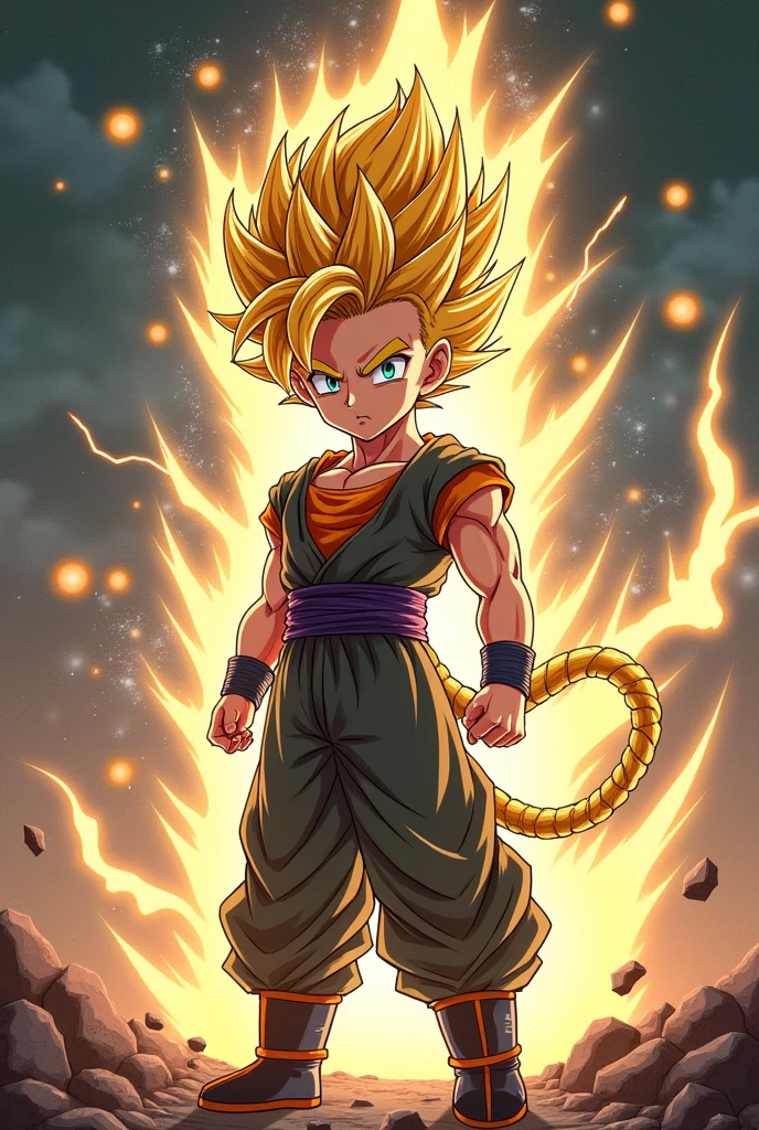 boy,,big messy super saiyan hair,monkey tail,Saiyan fighting uniform