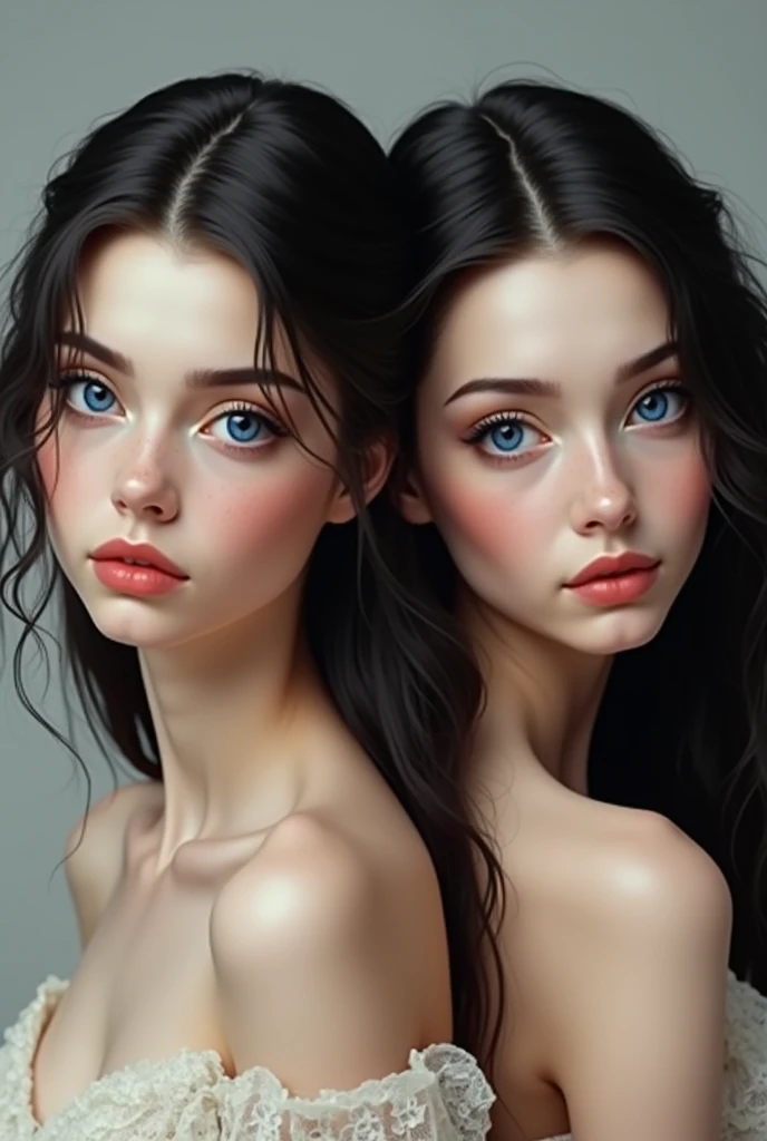 Twin sisters of , skin fair, Royal blue eyes, Bblack hair, one with long hair and the other with short hair 
