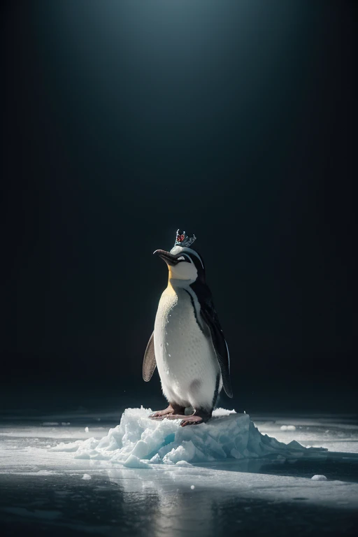 DVD photo of the 1991 dark fantasy adventure film "Adventure Time", charachter: gunter, (( normal animal penguin wearing king crown, standing on a throne of ice(best qualityer,8k, high resolution, work of art:1.2), ultra detali, (realisitic, photorealisitic:1.37), dynamic lighting, volumetric atmosphere, still cinematic film, CRU, HDR, dslr, Megapixels))