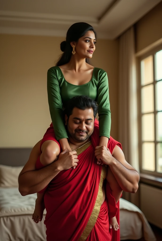 Beautiful and Slim Indian woman Aishwarya Rai in green satin blouse red saree , tied hair bun, lifting a large chubby man above her shoulders, man is sitting on woman's shoulders, natural smile, in a bedroom with high ceiling , full body view