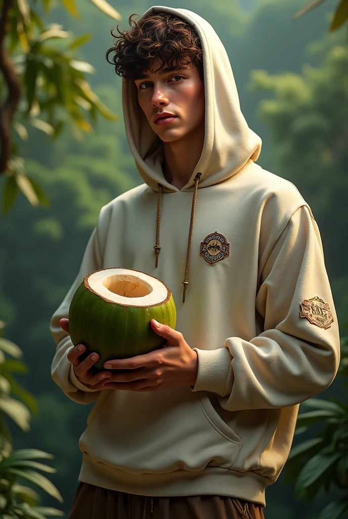 A young man wearing CBZ 7190 hoody holding a coconut 