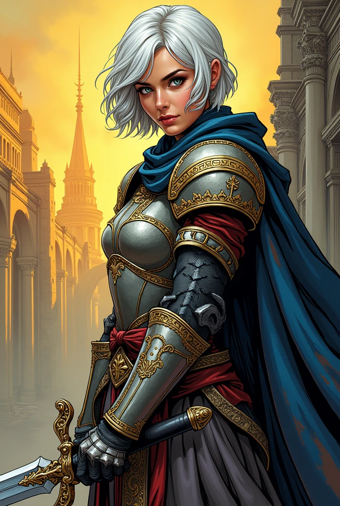 traditional comic art. d&d, clergywoman, White hair, shorth hair, armour, short sword, traditional comic art.