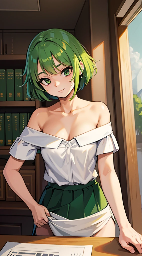 Green hair，short detailed hair，bit girl，ars old，Overlooking，young，bshoulders，clavicle，Close-up，cleavage，(Off-the-shoulder outfit1.2)，libraryai，(white  skirt)，ssmile，Be red in the face，Energetic，sport