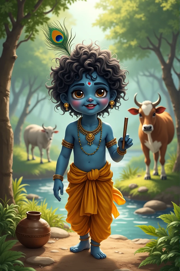 To create an image of "Little Krishna," here's a detailed prompt:

**Prompt:** 

"An enchanting depiction of Little Krishna, a young boy with dark blue skin, playful eyes, and a mischievous smile. He is adorned with peacock feathers in his curly hair, wearing a yellow dhoti and simple jewelry. He holds a small flute in one hand, with a butter pot nearby, signifying his love for mischief. The background shows a lush, green village setting with trees, cows, and a river flowing peacefully. The scene radiates innocence, charm, and divine energy, capturing the joyful essence of Krishna’s childhood."