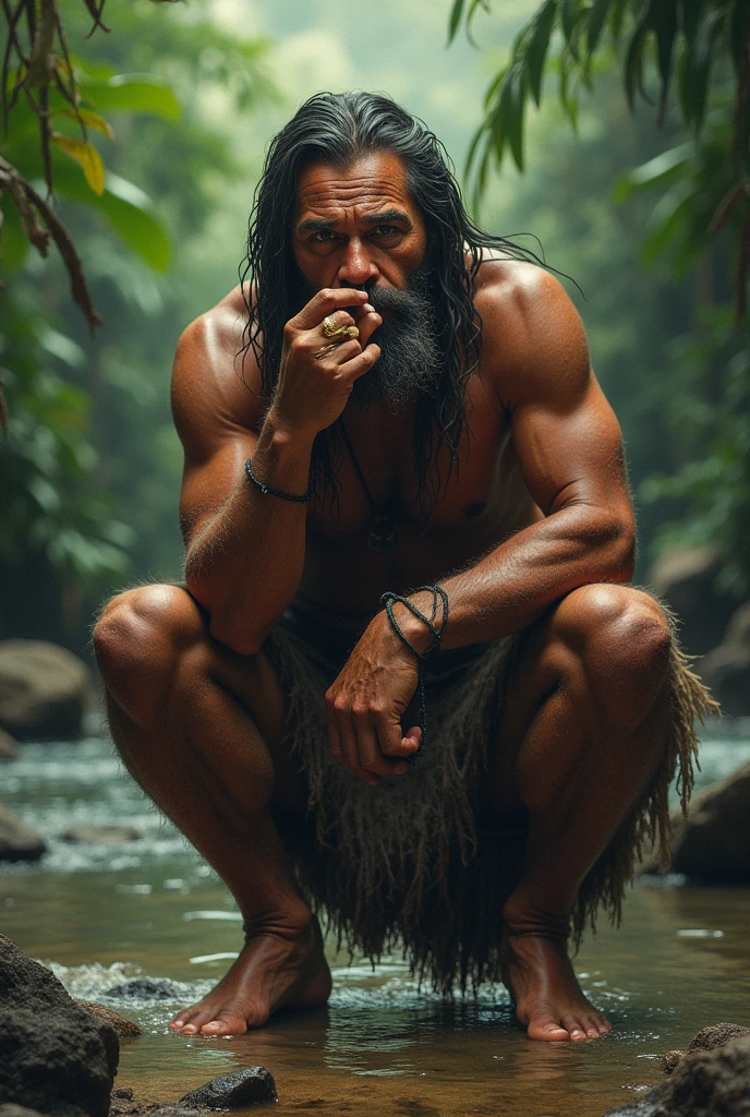 hombre primitivo head on, brown skin color,head on, smoking tobacco on the bank of a river in the jungle, long hair, athletic body, naked and bent over