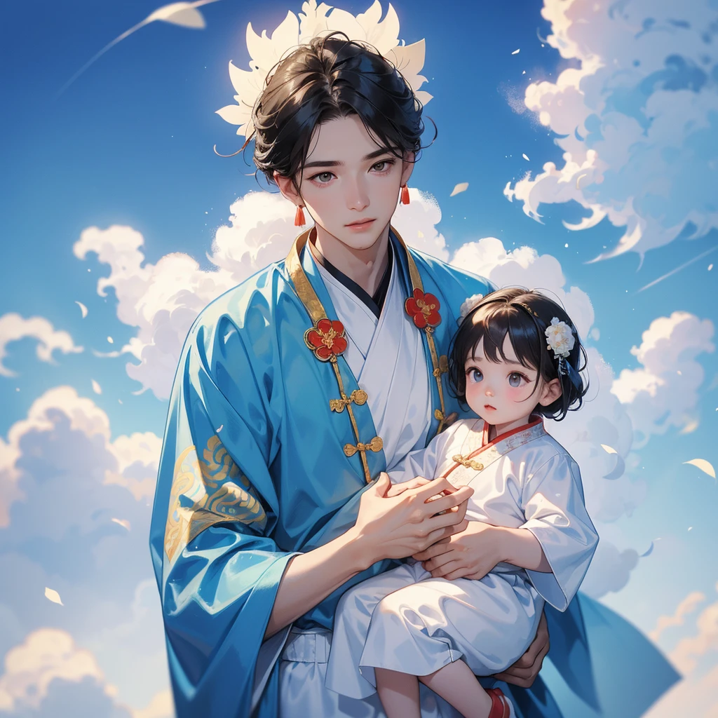 A one-year-old baby boy in an ancient Chinese baby costume with his beautiful mother, dressed in an white ancient Chinese costume, There are some floating clouds, playing with each other, with his handsome father standing next to his mother, close up.
Background is a blue sky, with low floating blue clouds all over the area.