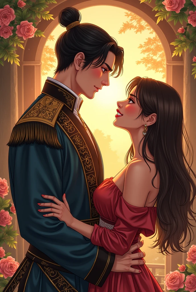 Create a manhwa image of a 2 man with straight, short black hair and a firm gaze, penetrating and intense and seductive eyes. He is muscular and has broad shoulders., dressed in imperial clothes.
He looks at a young woman in her 20s, She has long brown hair, Smooth and loose, with a soft and gentle look. They are in a Palace garden setting, at sunset, with trees and flowers around. The man may be looking at the woman from a distance of about 5 meters, he looks at her intensely and seriously, as she blushes but smiles at him, creating an atmosphere of seduction and desire between the two.