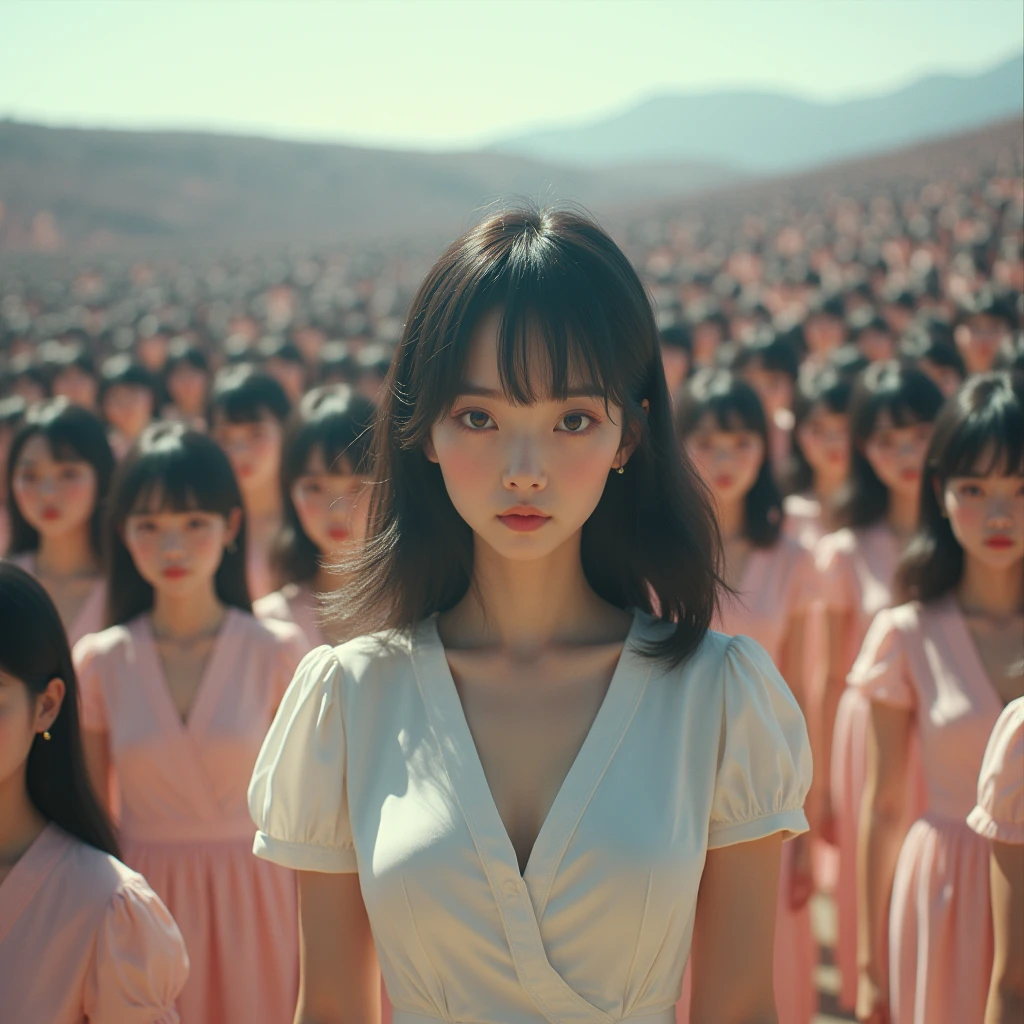 (((((Japanese Clone girls=Myself)))))), (((Best Super High quality Myself Clone girls Raw Photography Art))), (16K, Highest quality, Ultra-high resolution, RAW Photos), (((It's so unrealistic., With unparalleled depiction, With an unfathomable sight, An unprecedented and shocking worldview, Clone girls in a world of mass reproduction, Ultra-realistic))), (((Japanese, woman, 20yo, Saito-Asuka))), (Small face, ((Thick black hair, Semi-long hair))), ((V-neck short-sleeve dress)), (((((Very detailed美しい女体, Accurate body structure, Very detailed完璧な, Super busty body with very large breasts, Clearly emphasizes cleavage))))), (((Dark Eyes, Mature face, Cute Smile, A gentle gaze))), (((Her happy and smiling expression is so cute))), ((((((((Very detailed分身増殖描写, ((1girl→Myself cloning→1,000,000,000,000,000,000,000,000,000,000,000,000,000,000,000,000,000,000,000,000Myself Clone girls)))))))))), ((((((((Very detailed, The precise depiction of the proliferation of Myself Clone girls, ((With the perfectly identical bodies of Myself clone girls, With the exact same face as the Myself clone girls, With the exact same hairstyle as the Myself clone girls, In the exact same clothes as the girls who are my clones, Perfectly the same height as the Myself clone girls, Super big breasts, just like the Myself clone girls)))))))))), (((Myself clone girls only))), (((Multiple pairs, Very detailed depiction, (Myself clone girls hug each other, Myself clone girls assemble, Fun conversations with fellow Myself clone girls, A fun conversation between Myself clone girls, Myself clone girls holding hands, Walking with lots of Myself clone girls)))), (((Everyone looks at the camera))), (((Unbelievably crowded, Transcendent Myself clone girls intimately, Countless Myself clone girls surround you in 360 degrees))), (Bright, soft sunlight), (((Very wide field of view, Very detailed, Detailed ultra-perspective depiction with clear depth, super wide top view))), (((((Where there is a curved slope))))), (((Very photographic and detailed depiction, Myself clone girls will multiply infinitely and fill the surroundings from one side to the horizon with their bodies tightly packed together without any gaps., A scene of endless Myself clone girls and a fun atmosphere))), (Focus on the average value of the image)