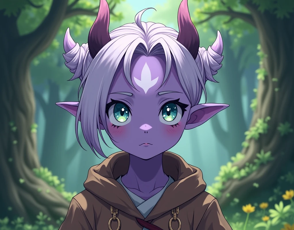 a character with anime features with purple skin, blue-green eyes, short white hair pulled to lilac, horns coming out of the forehead like an oni, around your right eye there is a mark of a lighter color than your skin, it should measure 2cm by 2cm, friendly face, forest druid clothes 


