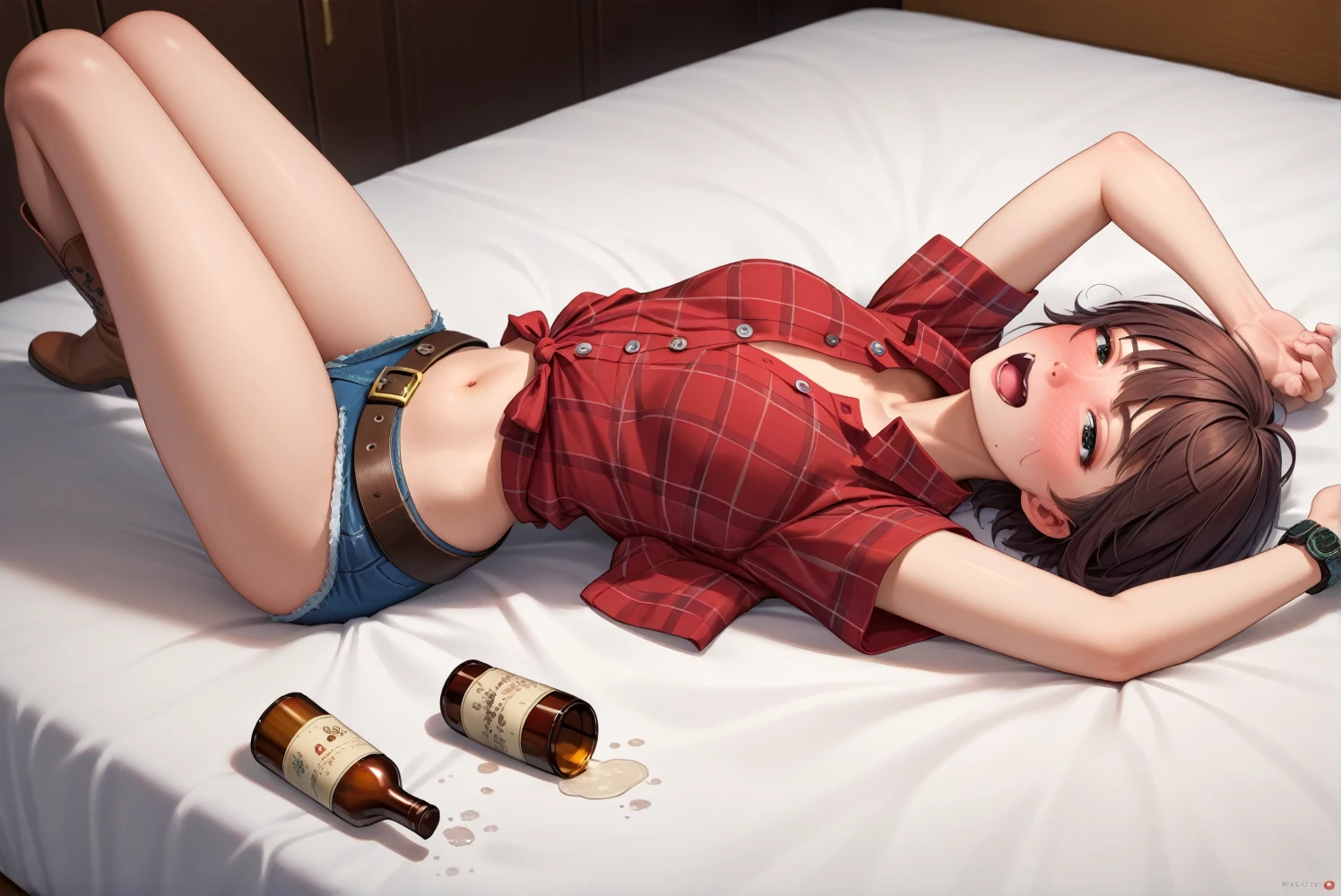 Sexy Cowgirl,Red plaid　Short short sleeves　collared cowgirl shirt,Denim hot pants,Western belt with holster,Western Boots,Watch on wrist,Navel exposed,Drunk,Above the knee shot,Open your eyes,Lying in bed,Ultra-high resolution,16K