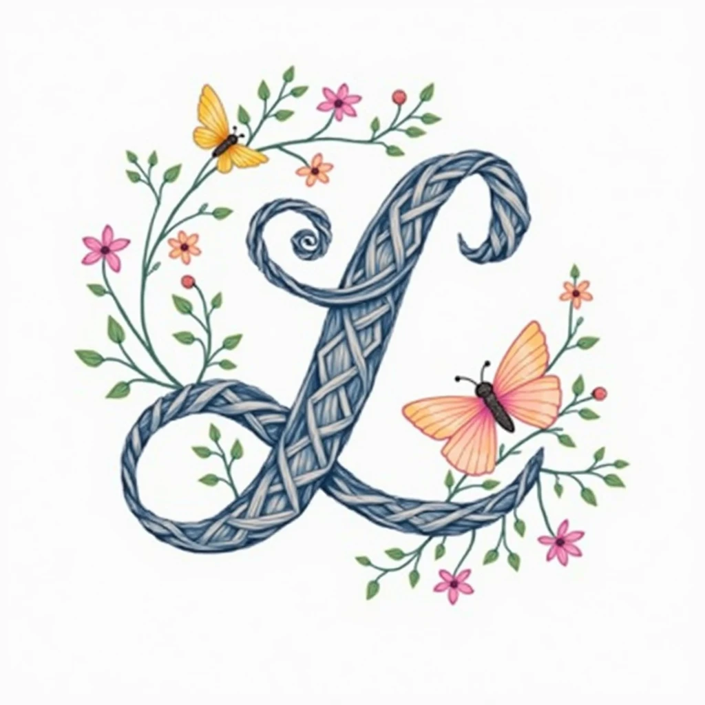 an image with a handwritten letter "L", intricate, with many twists, on a white background, that looks good and is subtly adorned with drawings of colorful flowers and butterflies around, the color palette to use is pale pink, lilac, soft yellow, pastel colors,