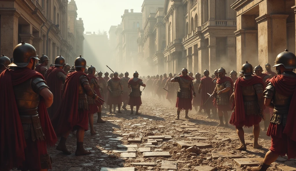30 a.c; (masterpiece, best quality) destroyed city (Roma); Roman soldiers fighting in the streets