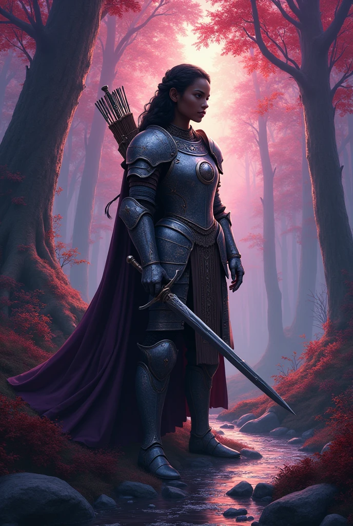 a dark-skinned woman knight, with a braid in her hair, She is wearing iron armor covered in glittery earthy details and dirt, along with a medieval iron helmet. a silver circle is present in the middle of his chest. she holds a sword and there is a bow and arrow stored on her back.
in the background there is a magical forest with LOTS of red VEGETATION, and trees with purple leaves. below the horse there is a small stream with sparkling pebbles. It's getting dark too